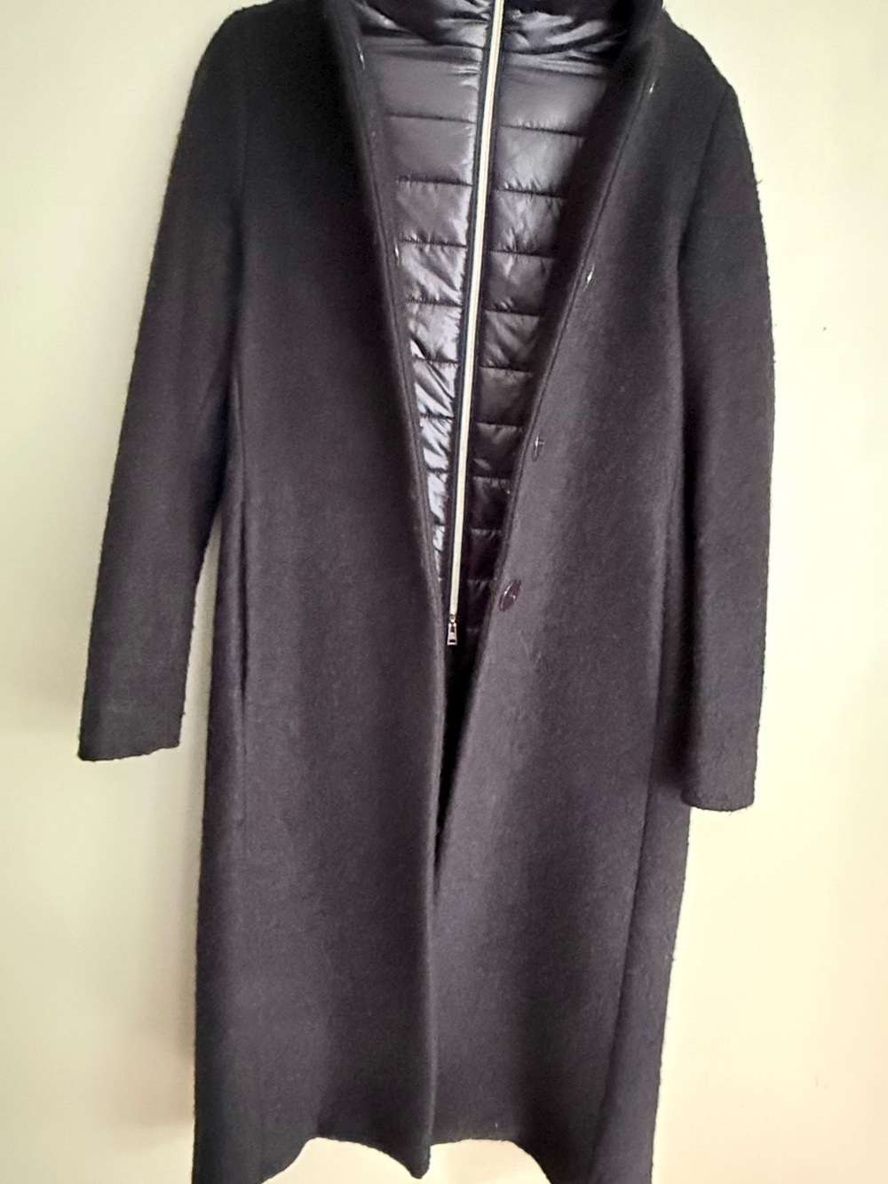 Herno Women’s Black Textured Wool Long Coat Detachable Puffer Bib Slim Fit Italy